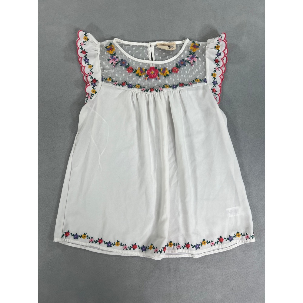 Savanna Jane White Floral Embroidered Baby Doll Flutter Sleeve Boho Peasant M